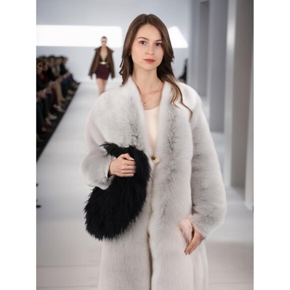 Black Fur Tote Bag Curly Lamb Hair Plush Large with Leather Handles - Picture 3 of 8